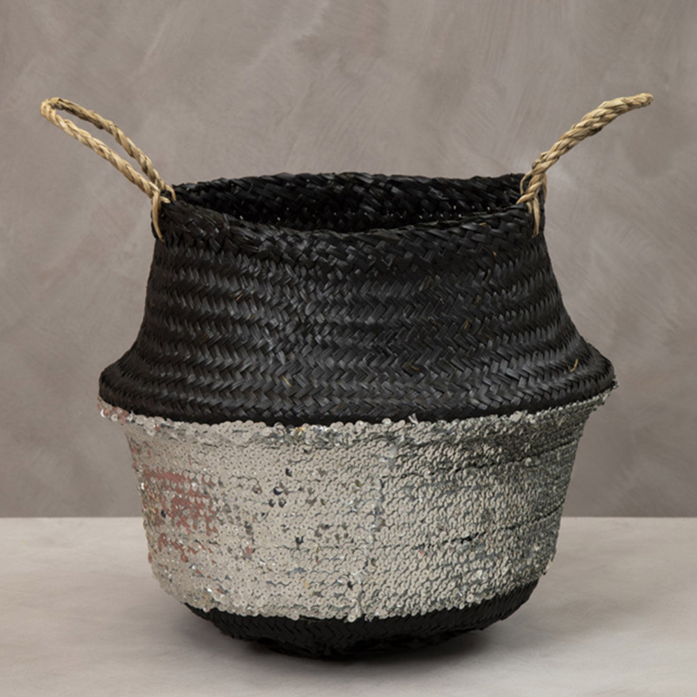 Premier Housewares Black and Silver Sequin Medium Seagrass Basket Image 2