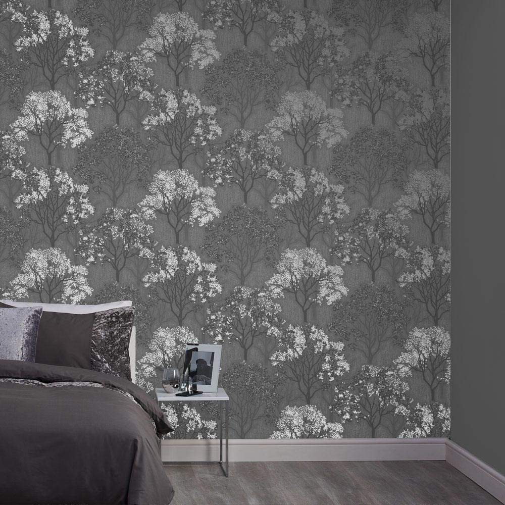 Sublime Woodland Silhouette Grey and Silver Wallpaper Image 3
