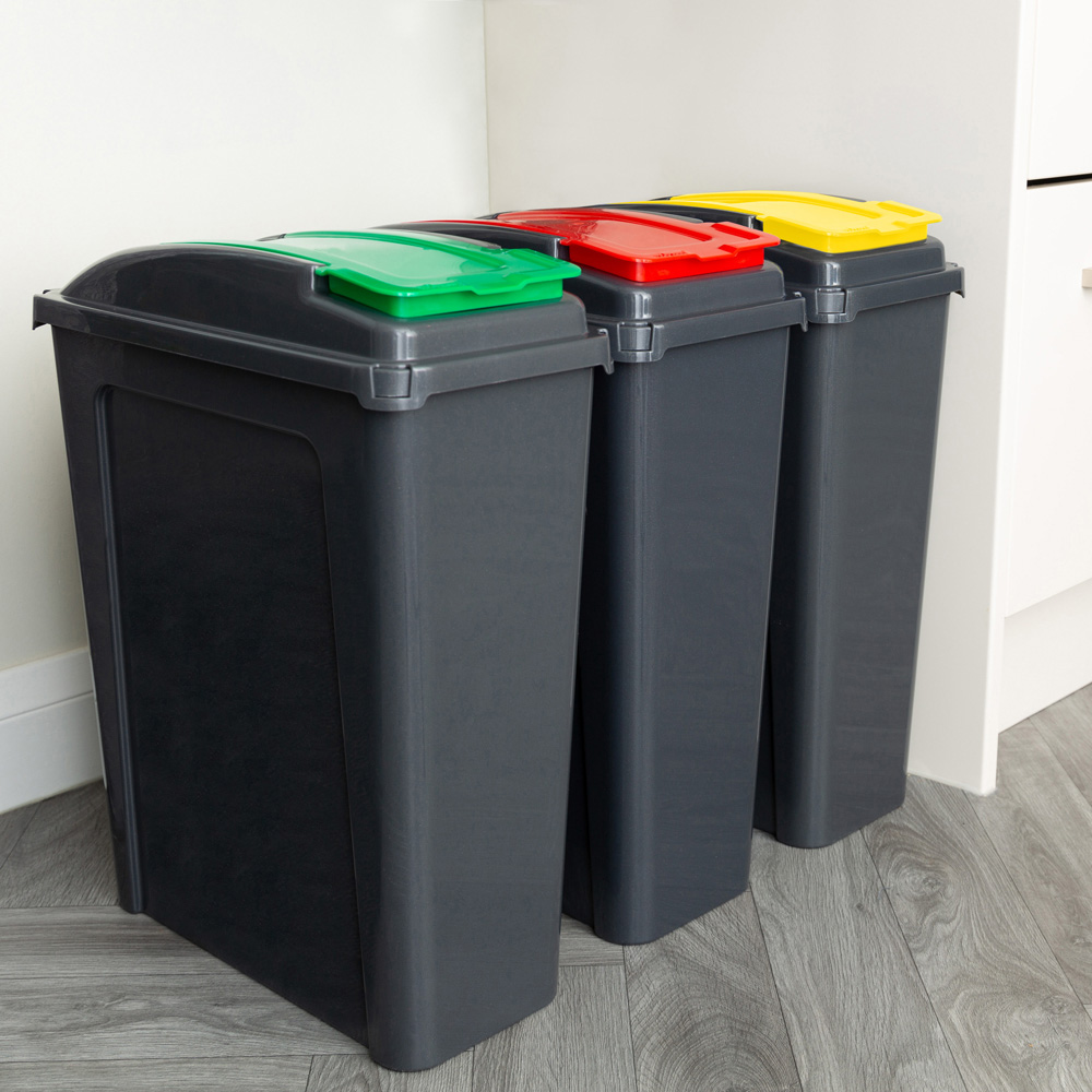 Wham 3 Piece 25L Plastic Recycle Bin Graphite/Asst Red/Green/Yellow Lids Image 2