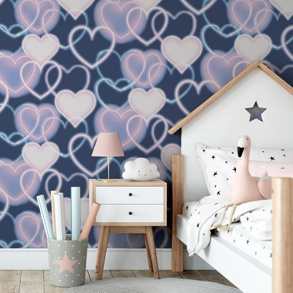 Arthouse Neon Heart Wall Navy and Pink Wallpaper Image 3