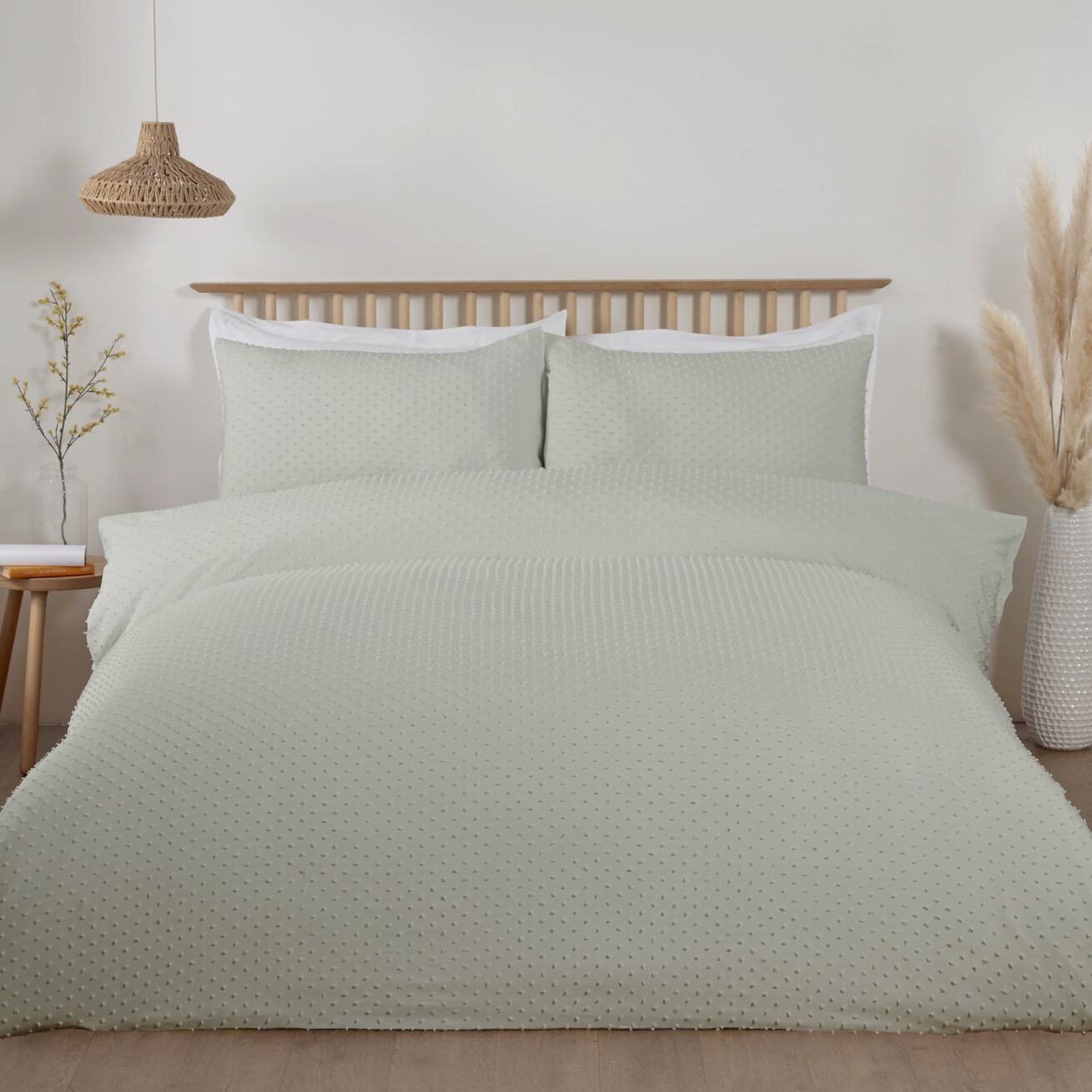 Sienna Tufted Dot Duvet Cover and Pillowcase Set - Sage / Single Image 1