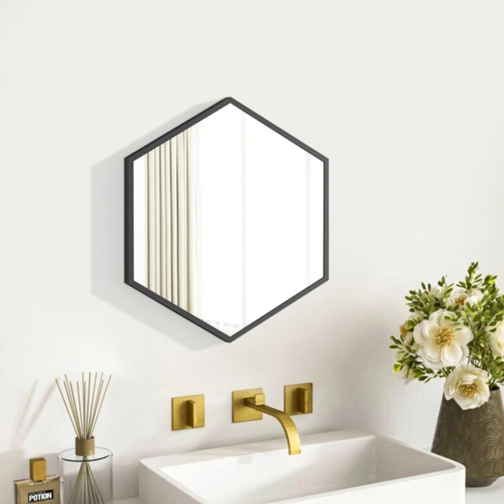 Living And Home CD0553 Black Metal Hexagon Shaped Wall Mounted Make-Up Mirror Image 2