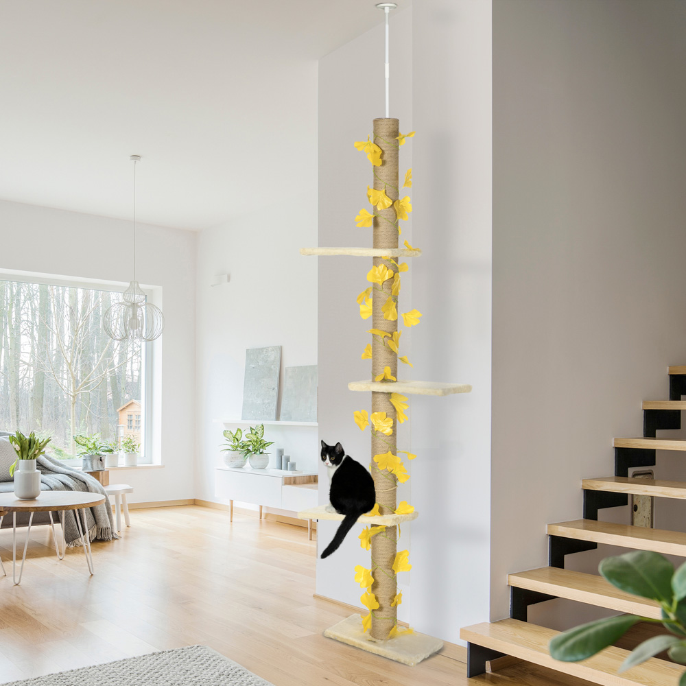 PawHut 242cm Yellow Adjustable Floor-To-Ceiling Cat Tower Image 2