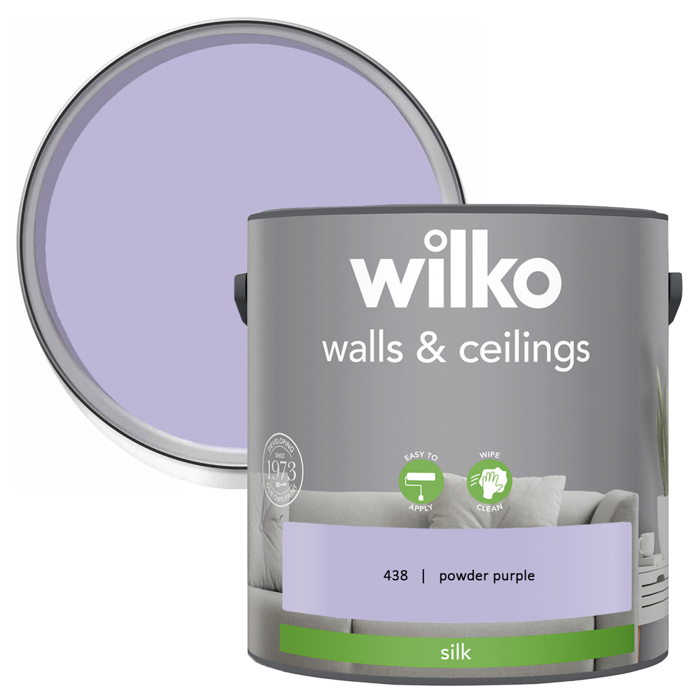 Wilko Walls & Ceilings Powder Purple Silk Emulsion Paint 2.5L Image 1