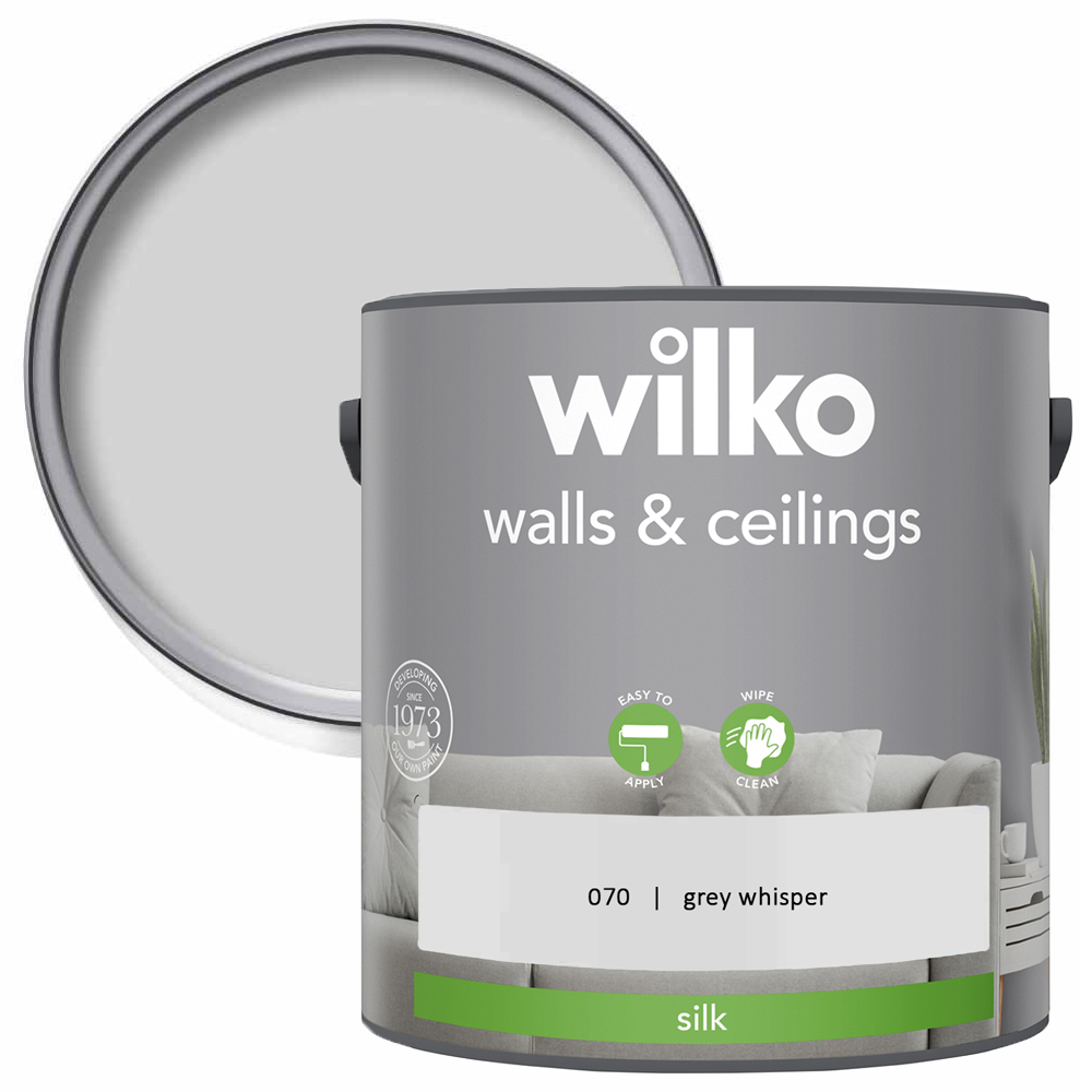 Wilko Walls & Ceilings Grey Whisper Silk Emulsion Paint 2.5L Image 1