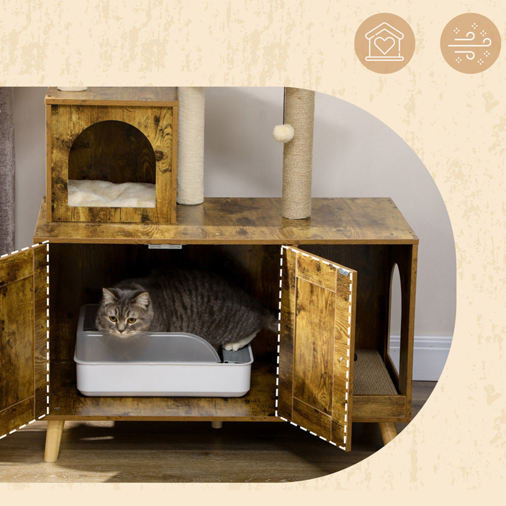 PawHut Enclosure Brown Cat Litter Box Enclosure With Tree Tower 85 x 45 x 138cm Image 5