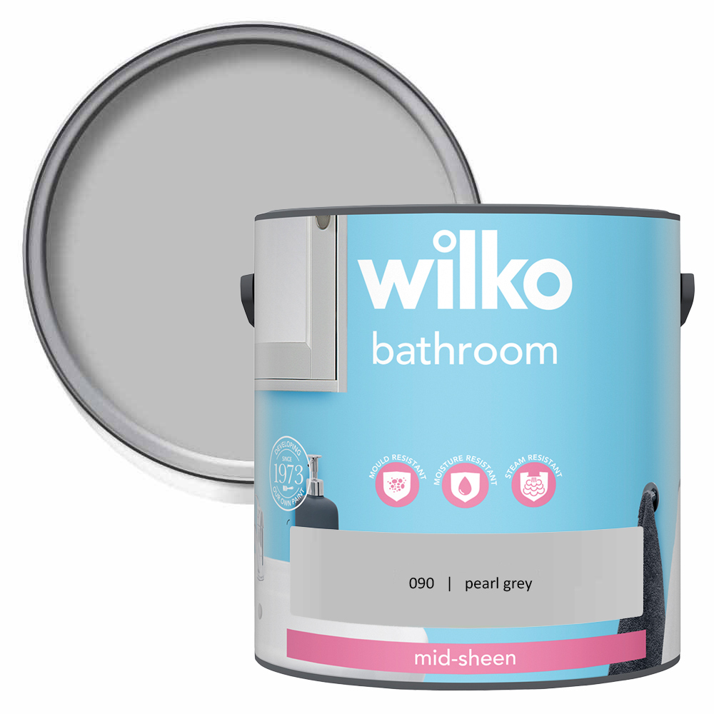 Wilko Bathroom Pearl Grey Mid Sheen Emulsion Paint 2.5L Image 1