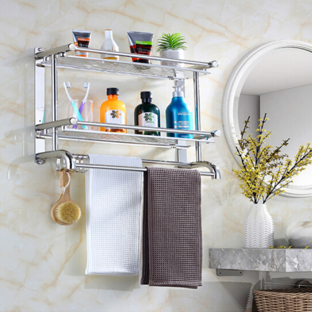 Living And Home WH0925 Silver Stainless Steel 2-Tier Bathroom Towel Rail With Hooks Image 6