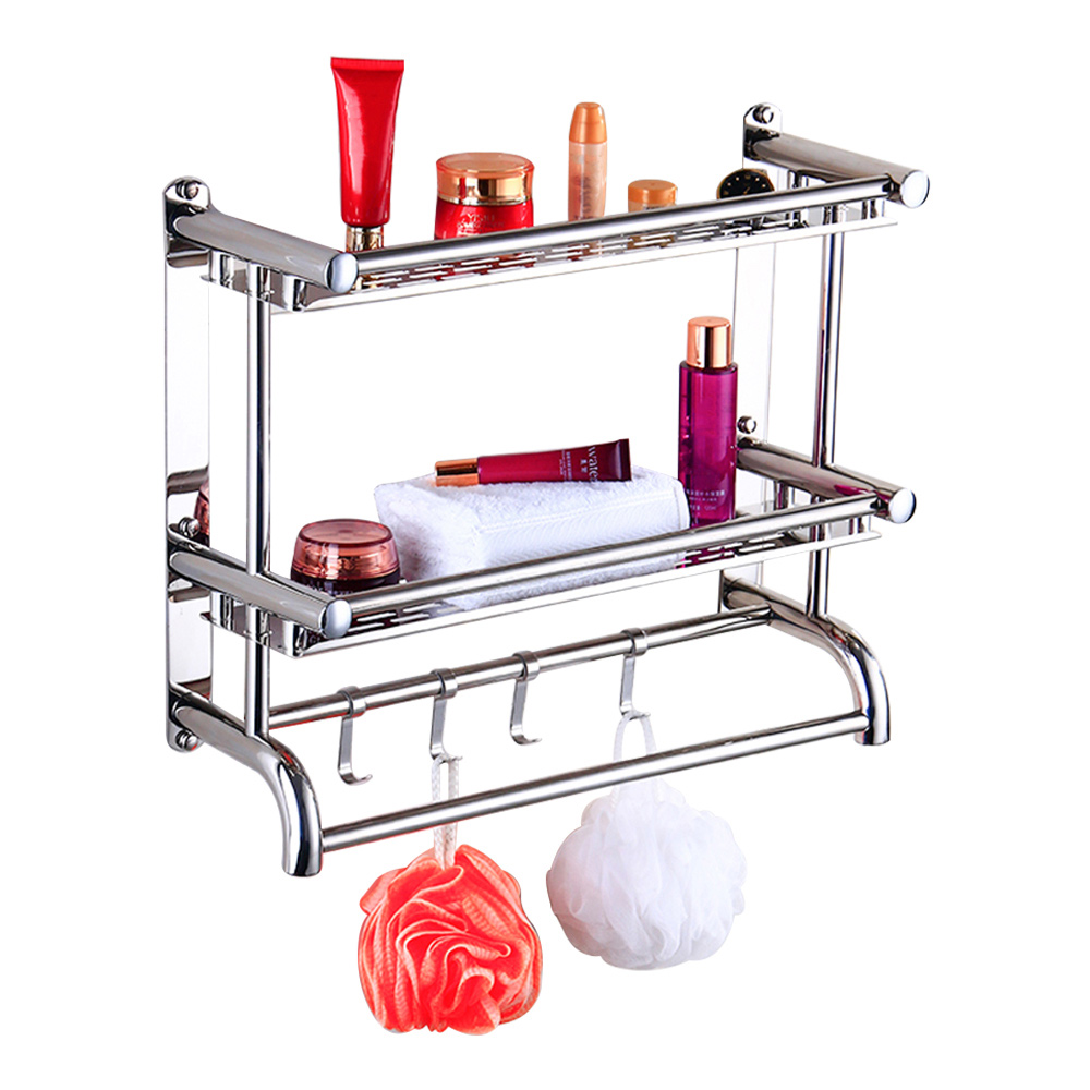 Living And Home WH0925 Silver Stainless Steel 2-Tier Bathroom Towel Rail With Hooks Image 3