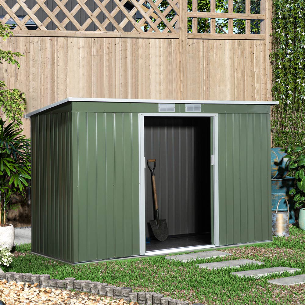 Outsunny 9 x 4.25ft Double Sliding Door Corrugated Garden Shed with Floor Foundation Image 2