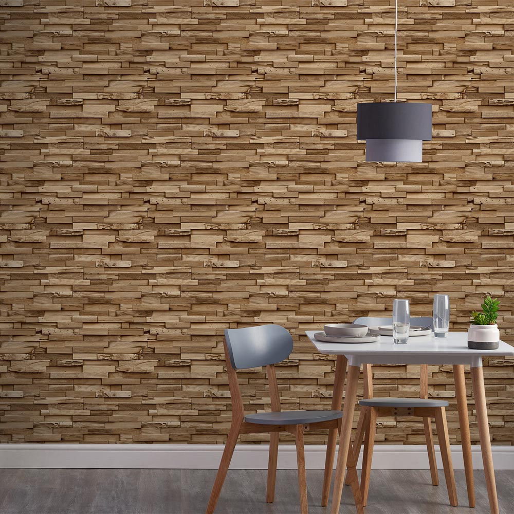 Grandeco Colorado Stacked Wood Block Plank Effect Natural Textured Wallpaper Image 3