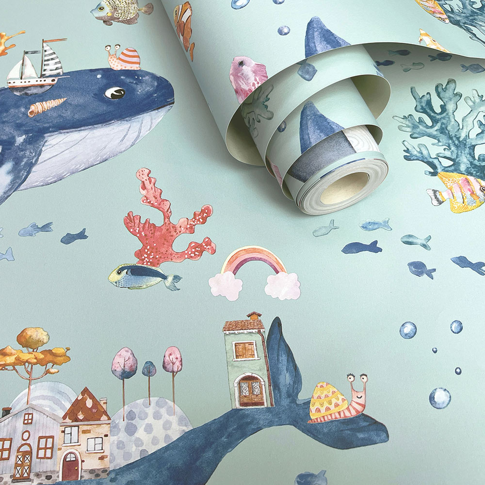 Holden Decor Whale Town Soft Teal Wallpaper Image 2