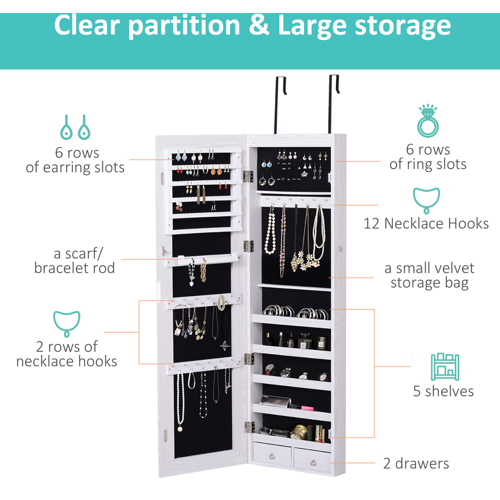 Portland White Mirrored Jewellery Storage Cabinet with LED Light Image 7