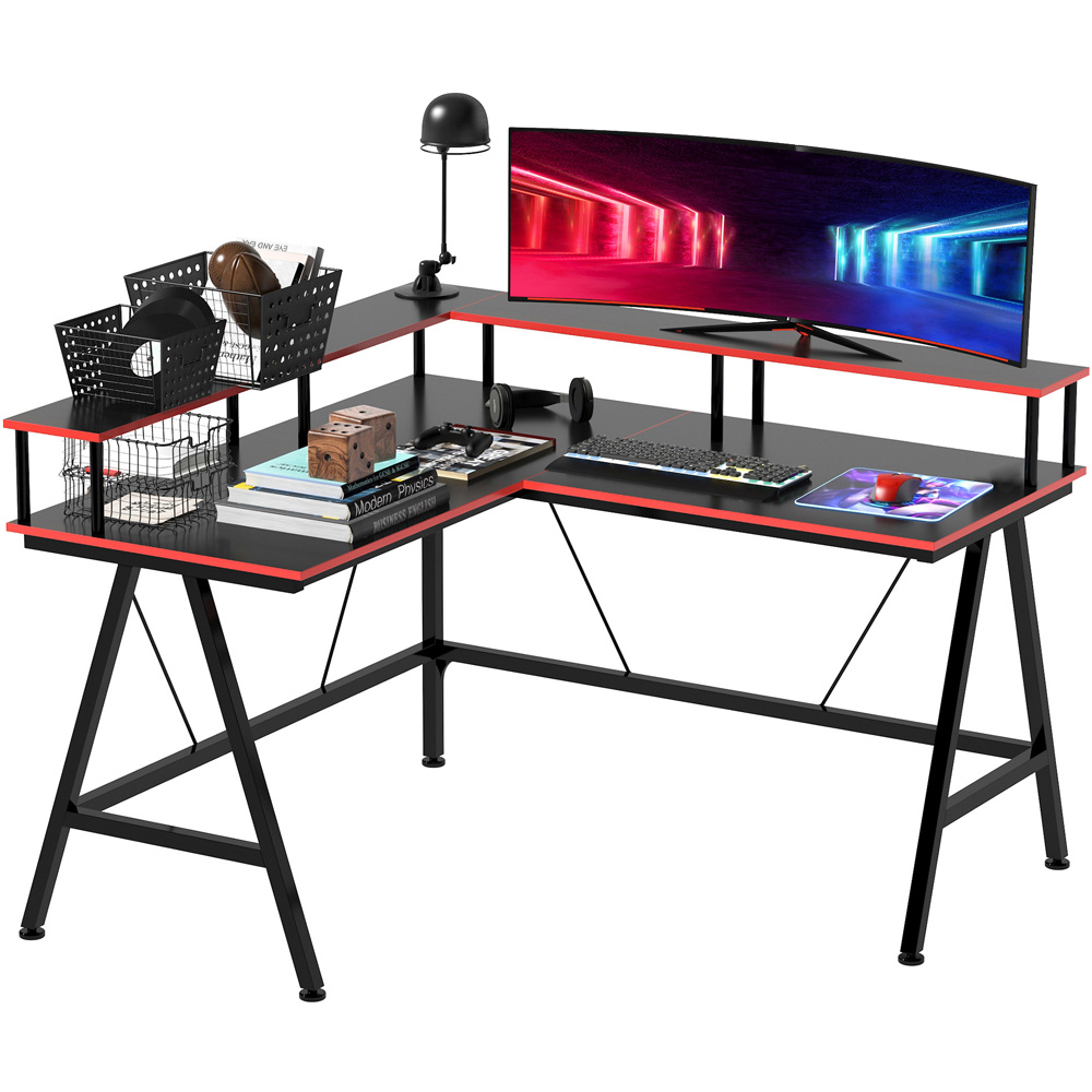 Portland L-Shaped 2 Tier Gaming Desk  Black and Red Image 3