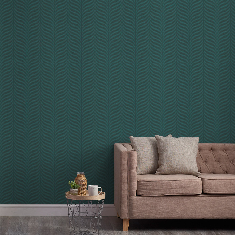 Grandeco Boutique Collection Organic Feather Teal Embossed Wallpaper Image 3