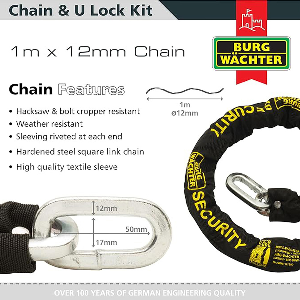 Burg-Wachter Kit Sold Secure Gold 1m x 12mm Motorbike Chain, U-lock + Anchor Image 4