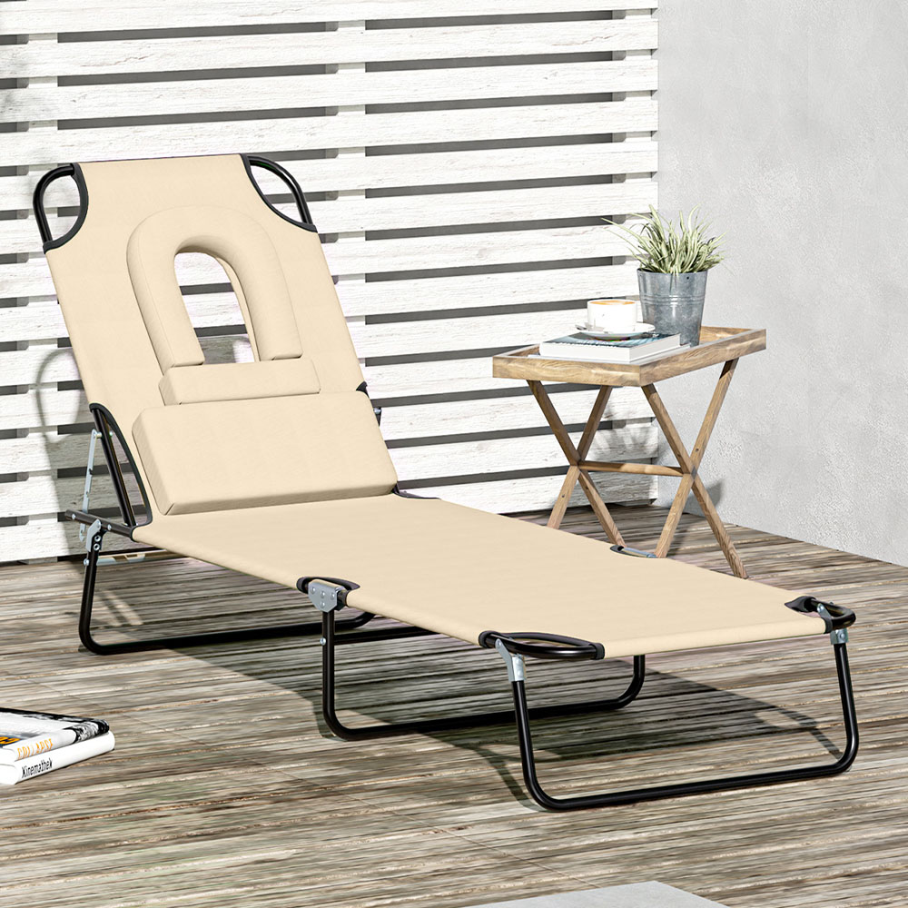 Outsunny Beige Reclining Foldable Sun Lounger with Reading Hole Image