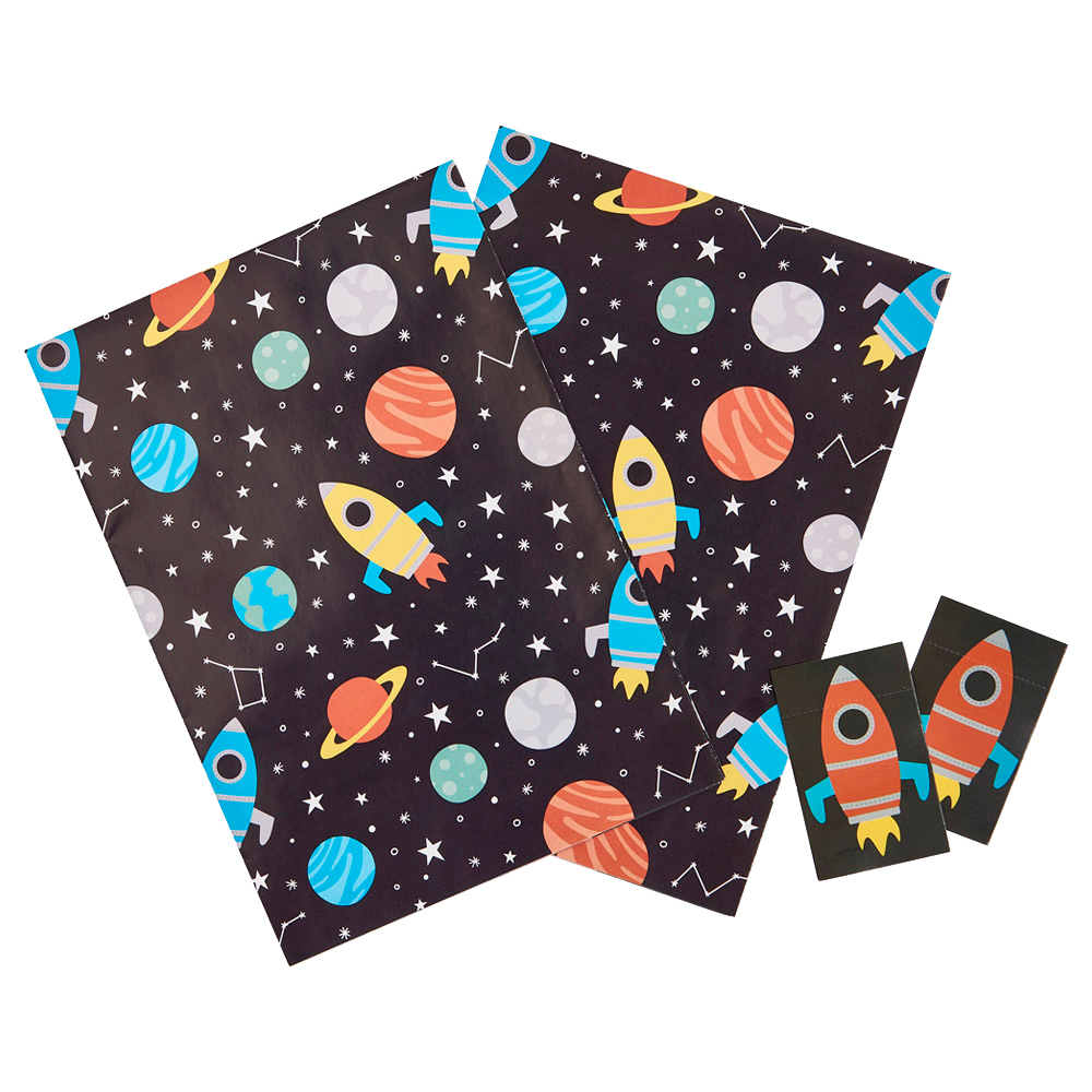 Wilko Space Rocket Gift Wrap 2 Sheets and 2 Tags Image 2
