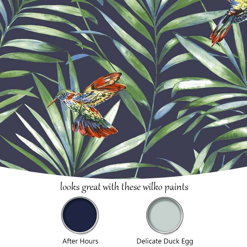 Fresco Hummingbird Navy Tropical Floral Wallpaper Image 6