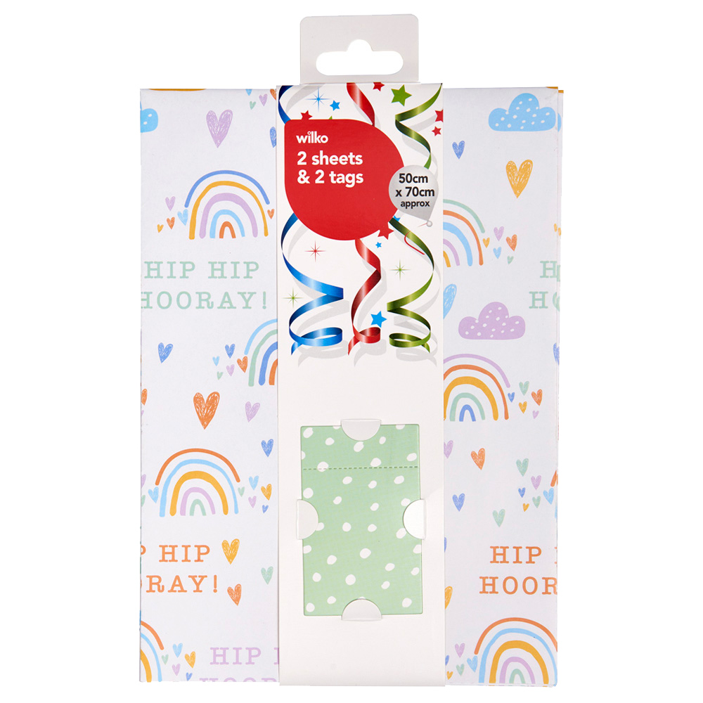 Wilko Rainbow Gift Wrap 2 Sheets and 2 Tags Image 1