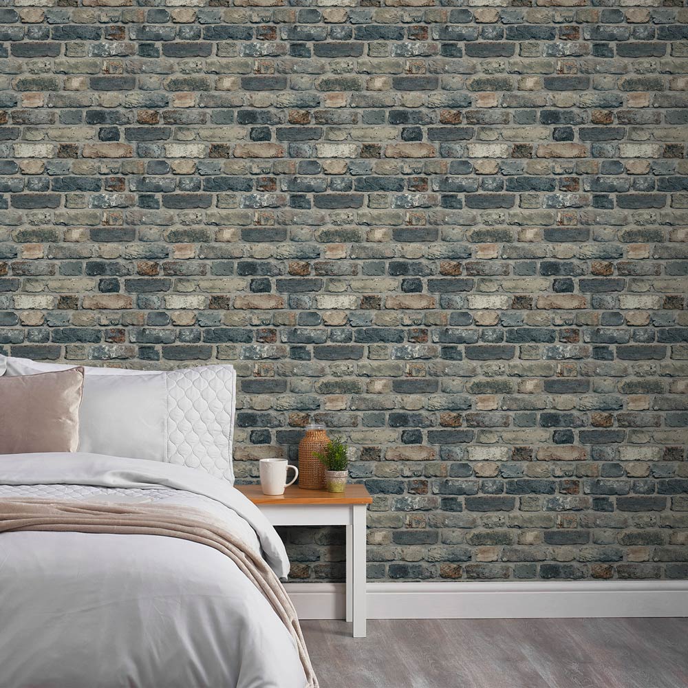 Grandeco Brick Industrial Rustic Charcoal Concrete Textured Wallpaper Image 3
