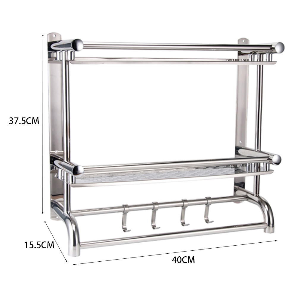 Living And Home WH0925 Silver Stainless Steel 2-Tier Bathroom Towel Rail With Hooks Image 9