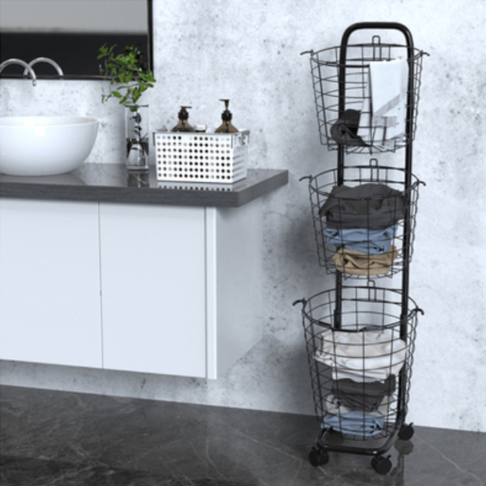 Living And Home WH0871 Black Metal Multi-Tier Laundry Basket With Wheels Image 4