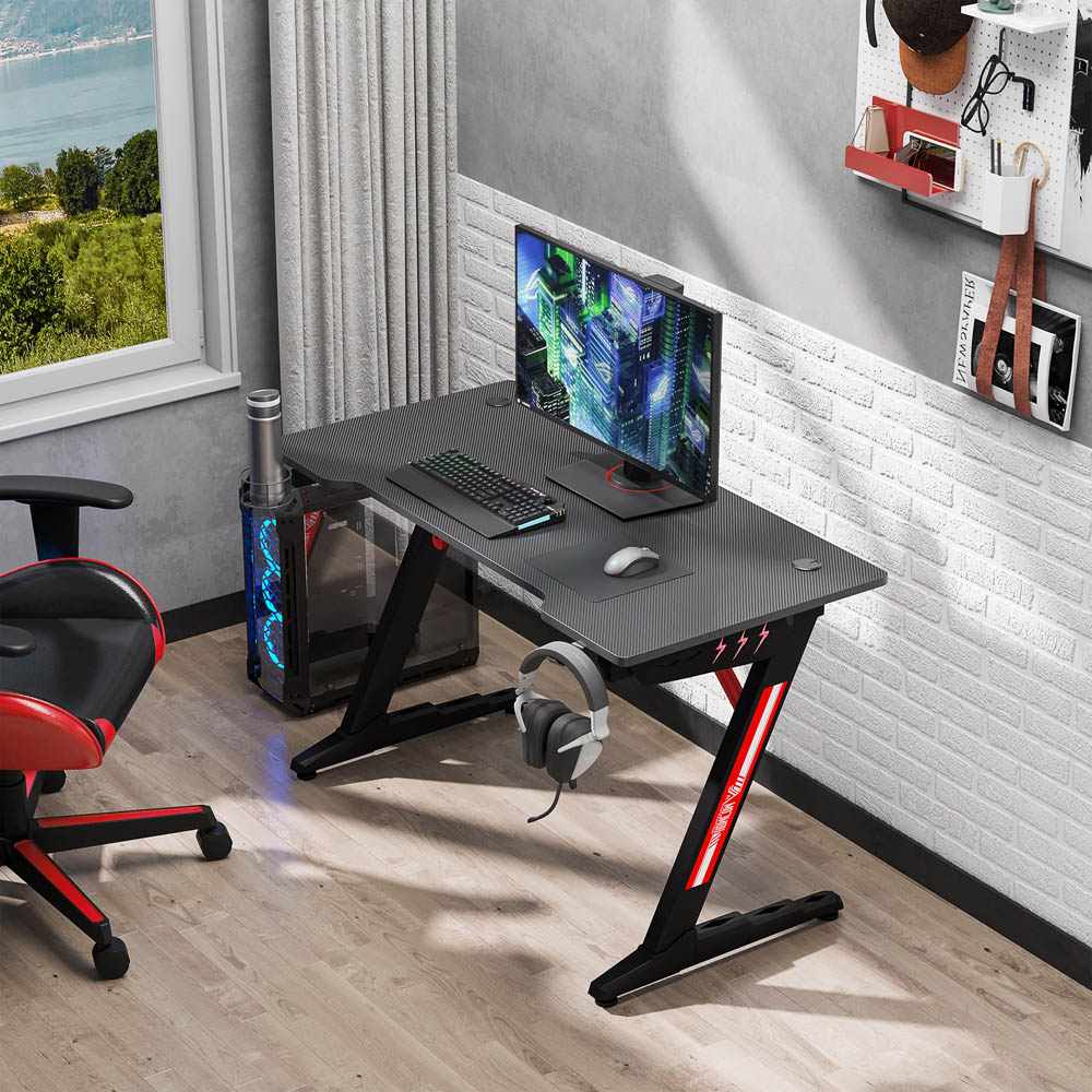 Portland LED Racing Style Gaming Desk with Cup Holder Black Image 6