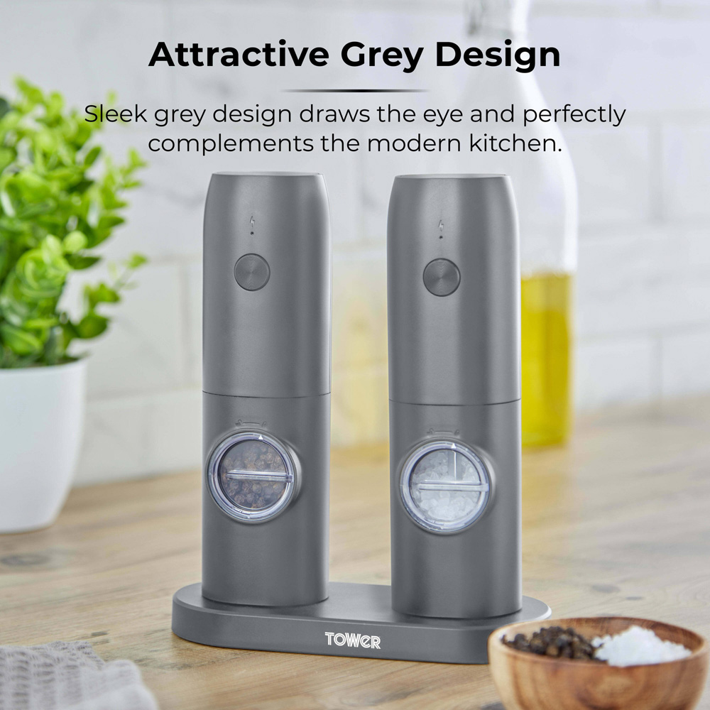 Tower 2 Piece Grey Electronic Rechargeable Salt and Pepper Mills Set Image 6