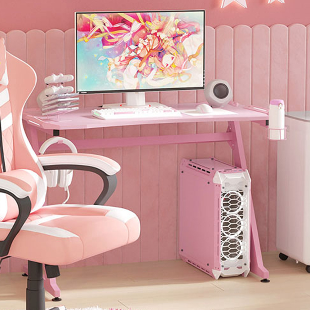 Portland Ergonomic Gaming Desk with Cup Holder Pink Image 1