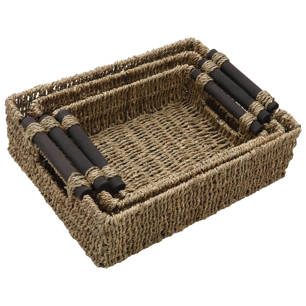 JVL Seagrass Rectangular Storage Baskets with Wooden Handles Set of 3 Image 4