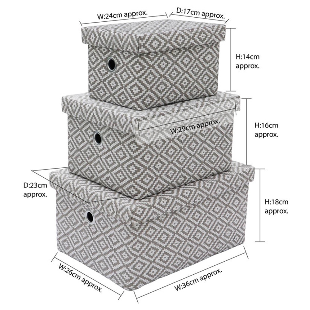 JVL Argyle Grey Rectangular Paper Storage Boxes with Lids Set of 3 Image 9