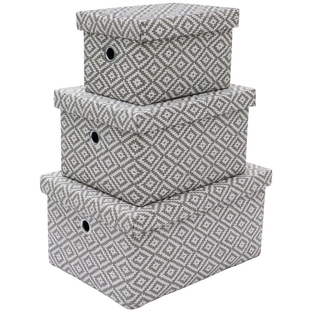 JVL Argyle Grey Rectangular Paper Storage Boxes with Lids Set of 3 Image 1