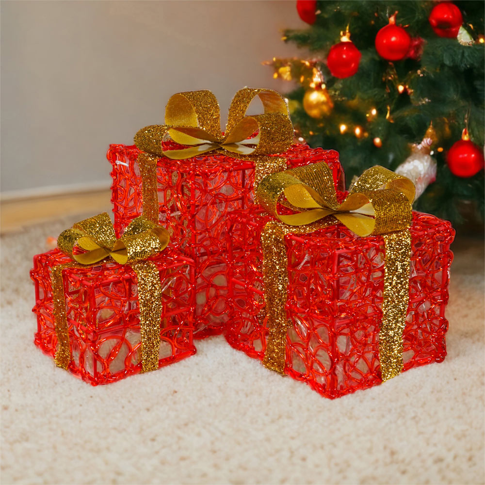 St Helens Red LED Light Up Gift Boxes Christmas Decoration 3 Pack Image 3