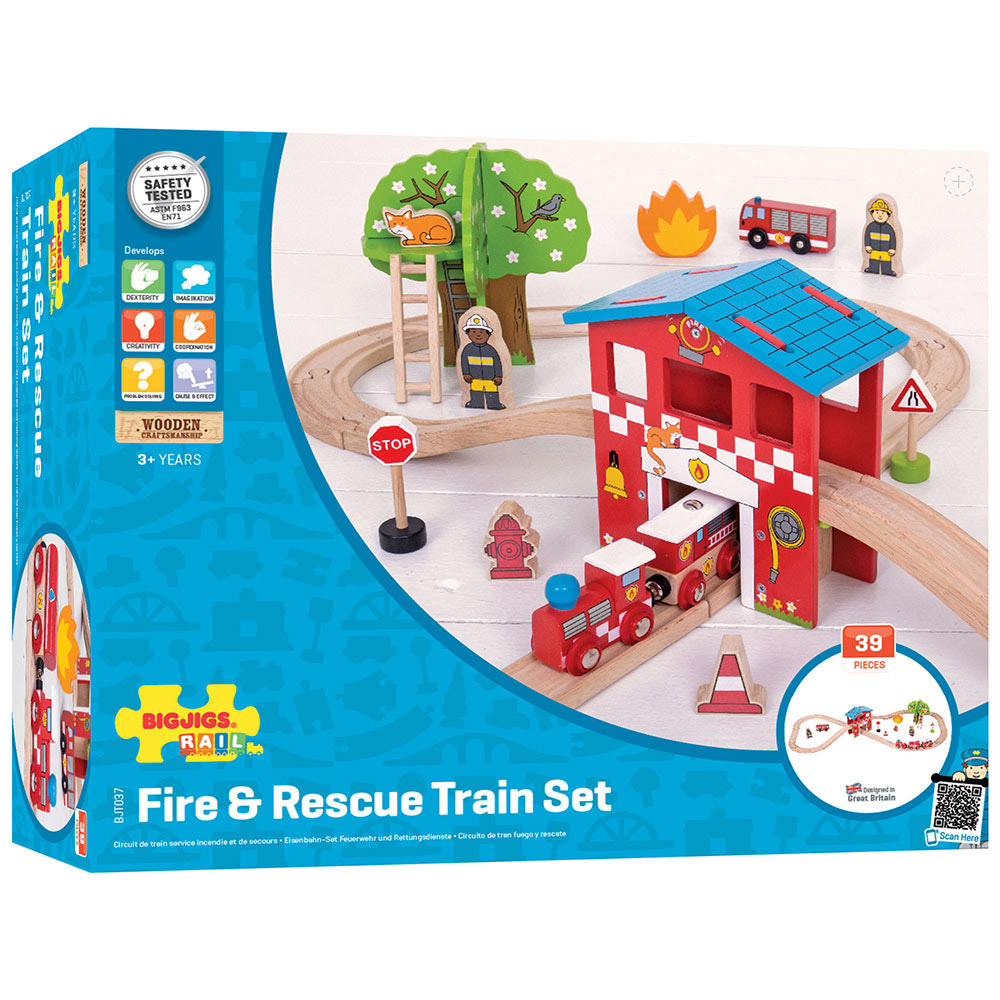 BigJigs Toys Rail Fire Station Train Set Image 1
