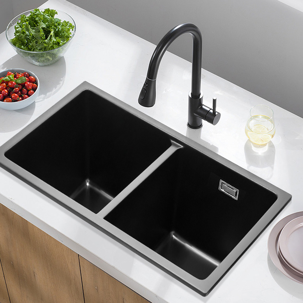 Living and Home Black Double Undermount Kitchen Sink Bowl 83.5 x 48cm Image 7