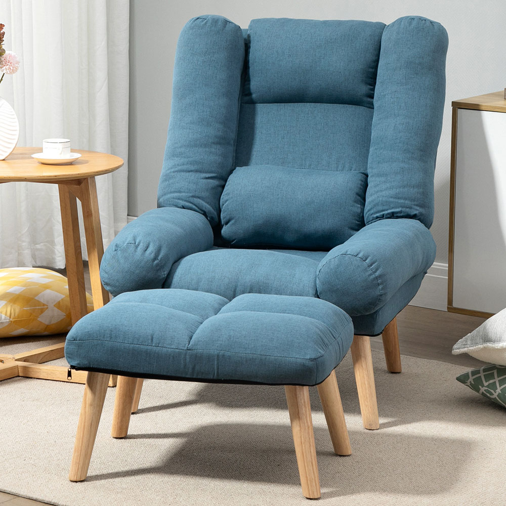 Portland Blue Linen Manual Recliner Chair with Footstool Image 1