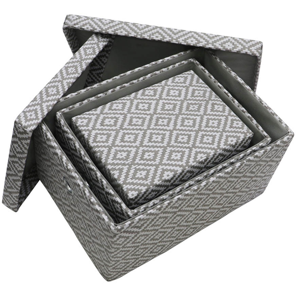 JVL Argyle Grey Rectangular Paper Storage Boxes with Lids Set of 3 Image 4