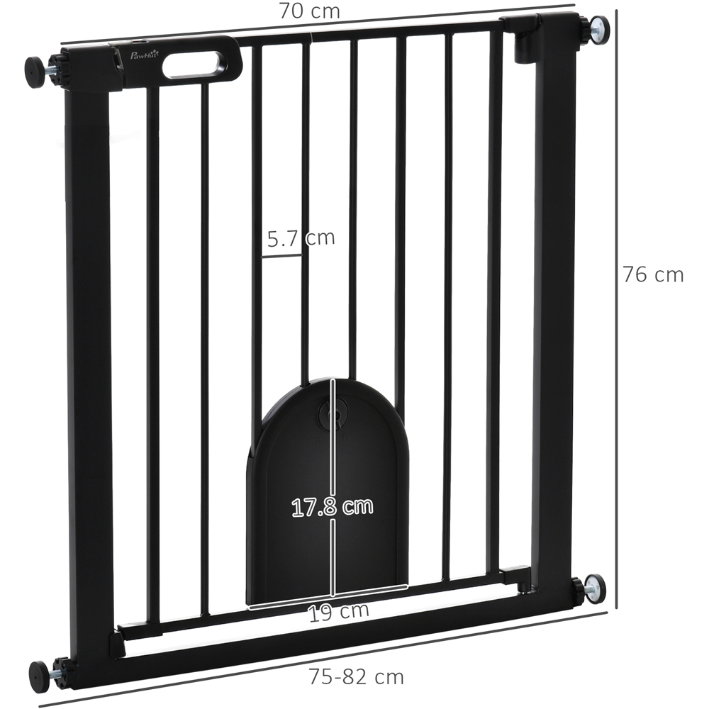PawHut Black 75-82cm Stair Pressure Fit Pet Safety Gate with Small Cat Flap Image 7