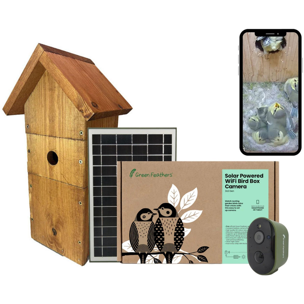 Green Feathers Solar Powered Wi Fi Bird Box Camera Deluxe Bundle Image 1