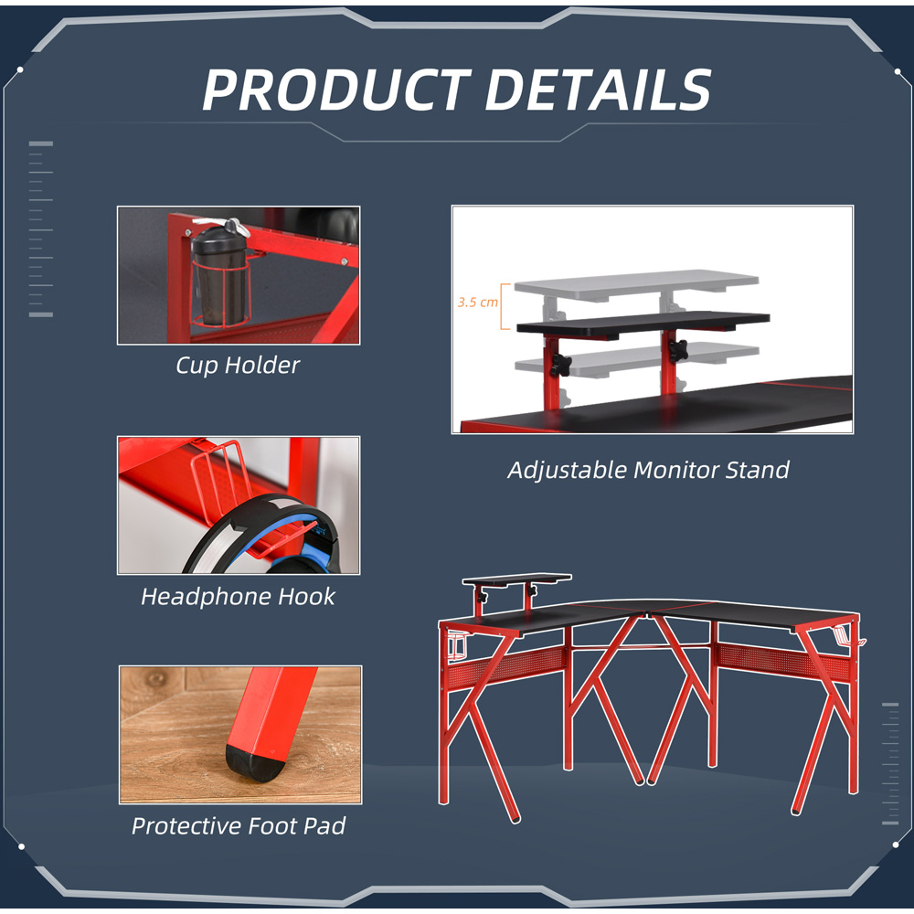 Portland L-Shaped Gaming Desk with Monitor Stand Black and Red Image 4