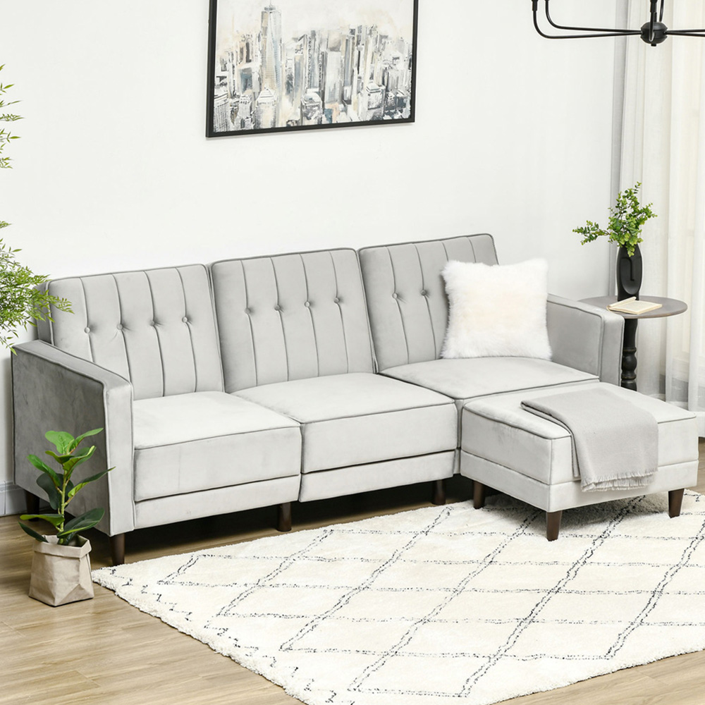 Portland Double Sleeper Light Grey L Shape Sofa Bed with Footstool Image 1