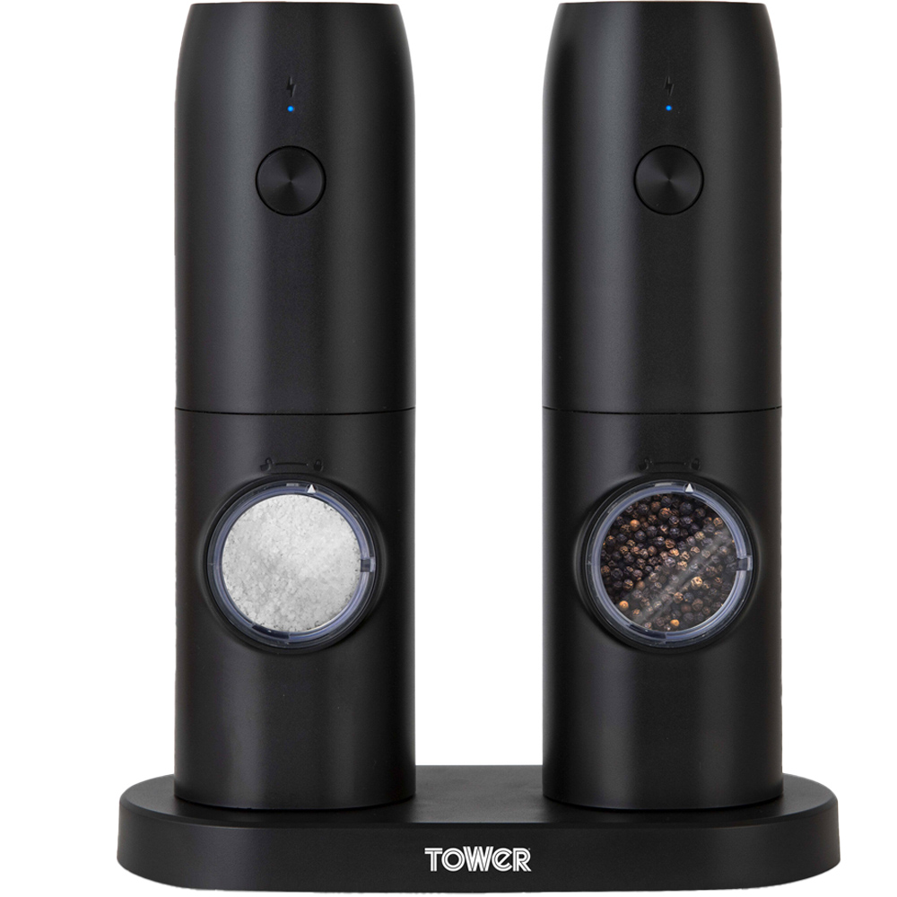 Tower 2 Piece Black Electronic Rechargeable Salt and Pepper Mills Set Image 1