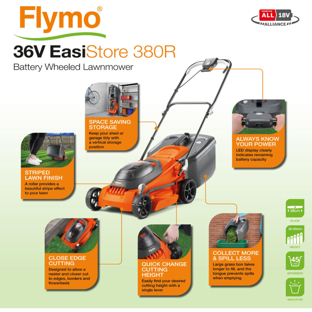 Flymo 9705383-01 36V EasiStore 380R 38cm Cordless Lawn Mower Kit 2.0 Image 5