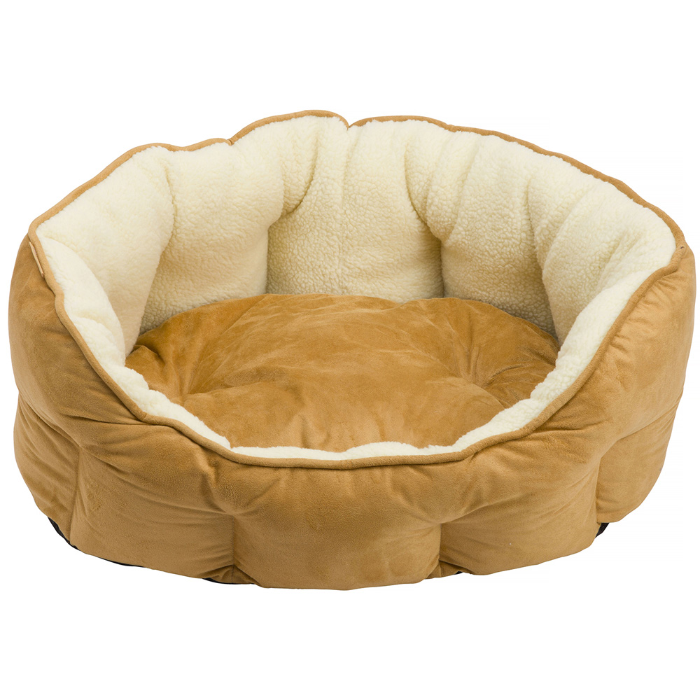 House Of Paws Small Happy Pet Tan Faux Sheepskin Brown Oval Dog Bed Image