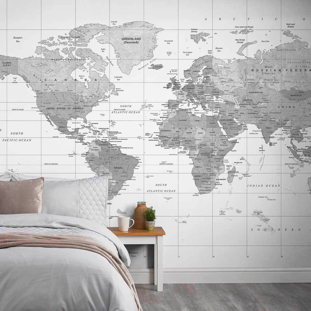 Grandeco World Map Textured Grey Wall Mural Image 1