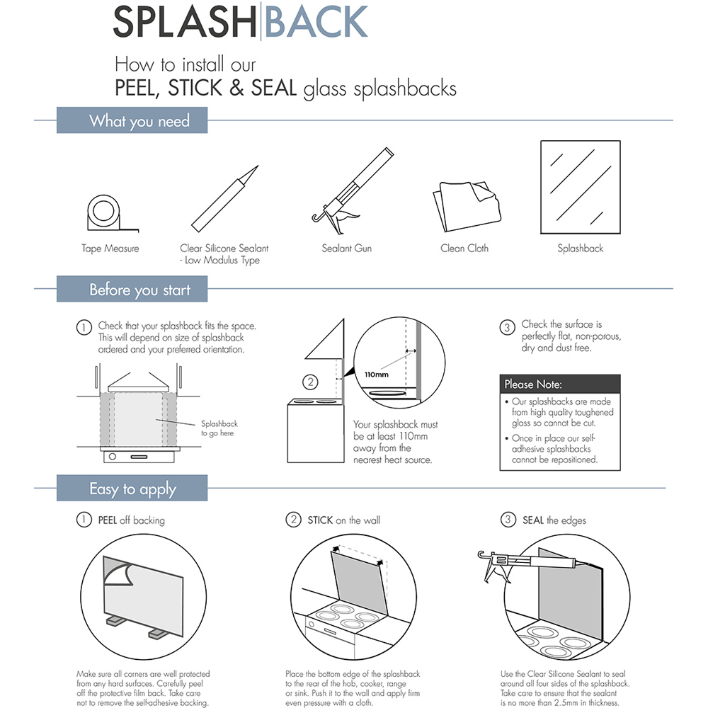 Splashback 0.6cm Thick Black Gloss Kitchen Glass 90 x 75cm Image 5
