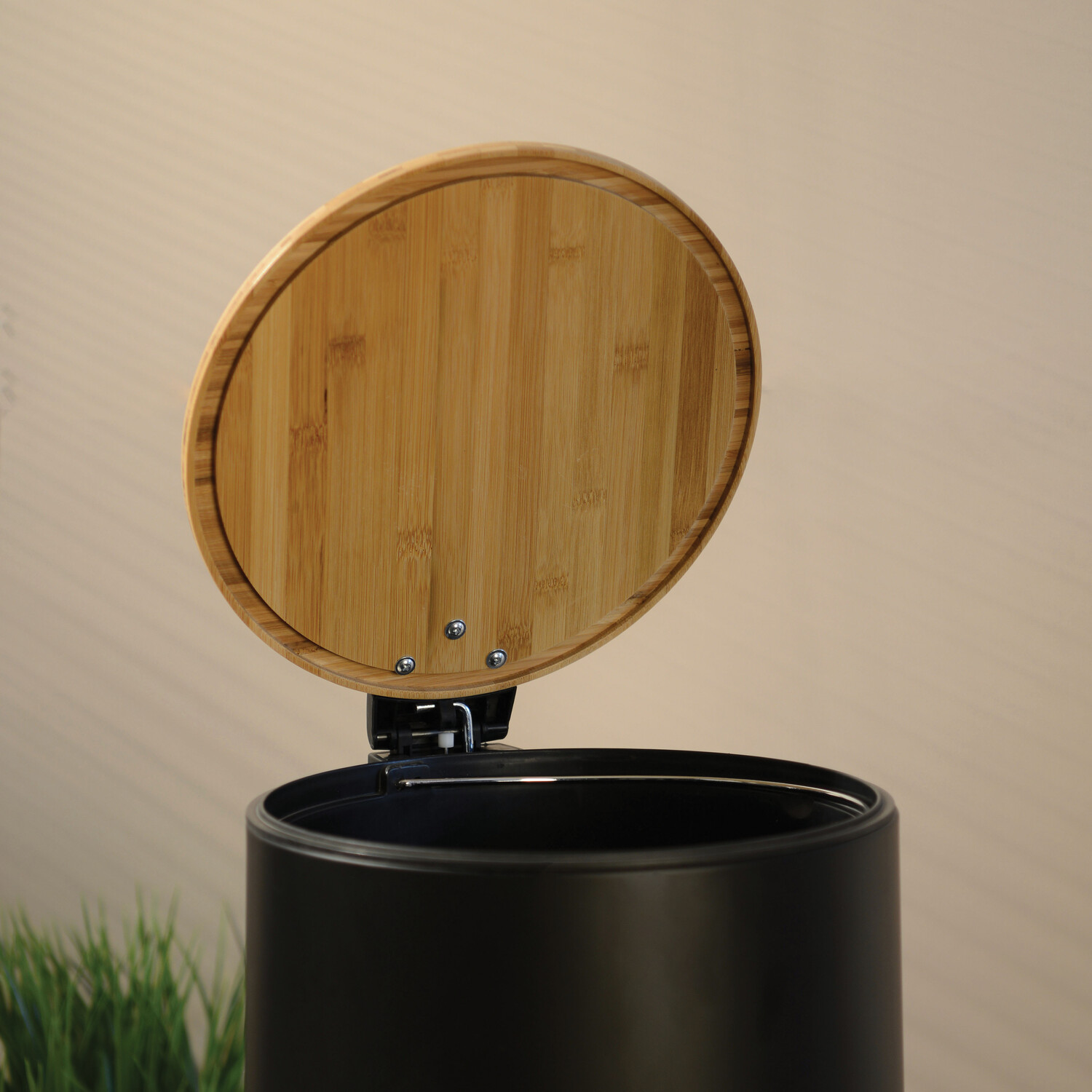 Round Black Pedal Bin with Bamboo Lid 30L Image 2