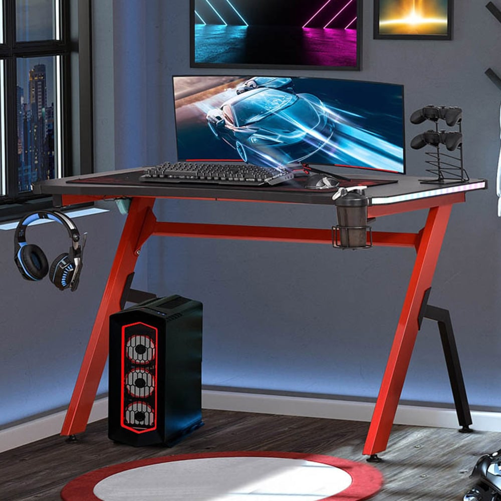 Portland LED Ergonomic Gaming Desk with Cup Holder Black and Red Image 1