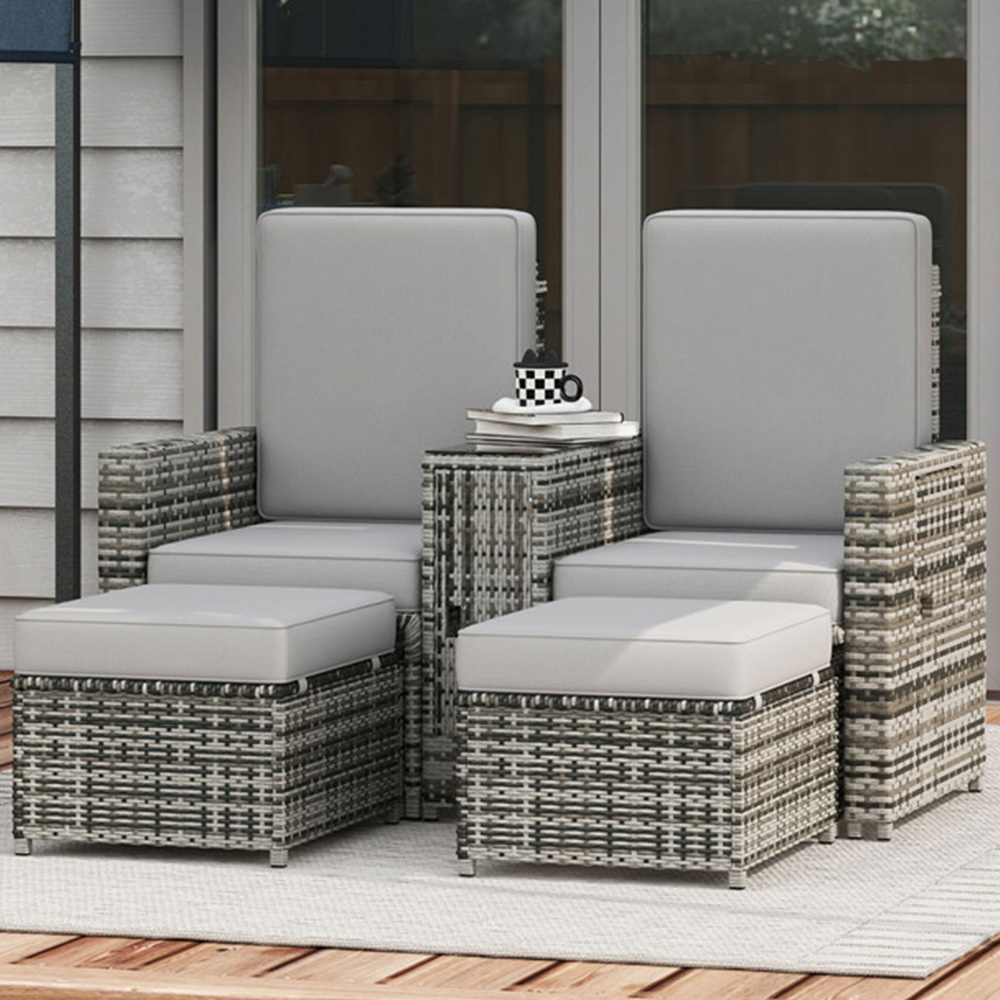Outsunny Grey Rattan Sun Lounger with Storage Tea Table and Footstools Image 1